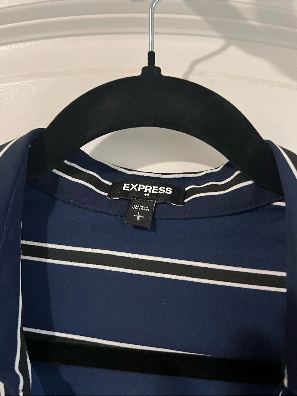Express Navy and White Vertical Stripe Button-Down Blouse
